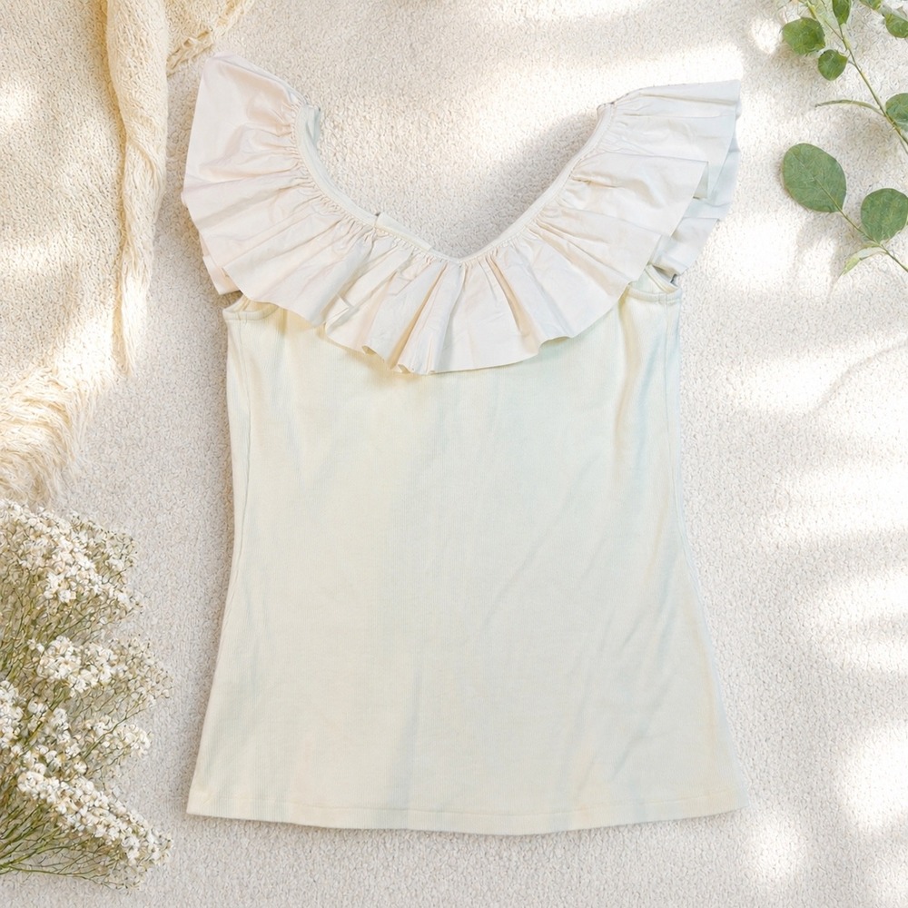Maeve by Anthropologie Ivory Ribbed Ruffle V-Neck Top Small Cream Sleeveless